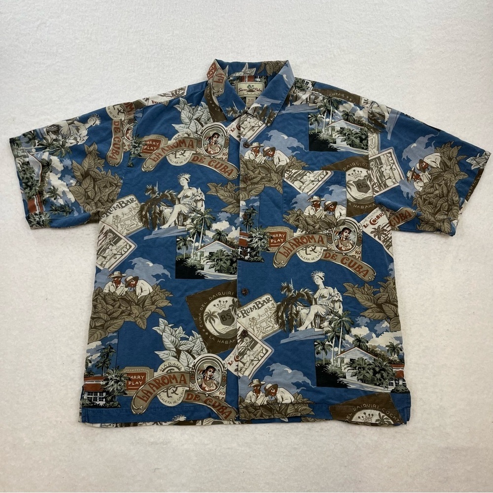 Seven Palm Brand Hawaiian Mens Shirt Silk Blue Short Sleeve Button Down Size XL